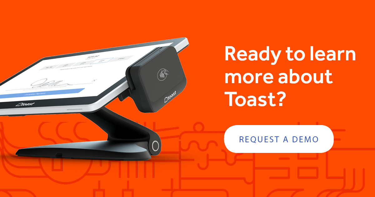 An orange graphic background with line art depicting restaurant items, such as a cup of coffee and a freshly iced cake. Above that is a photo of a Toast POS terminal device. The text reads, "Ready to learn more about Toast?" and there's a button that says "Request a demo"