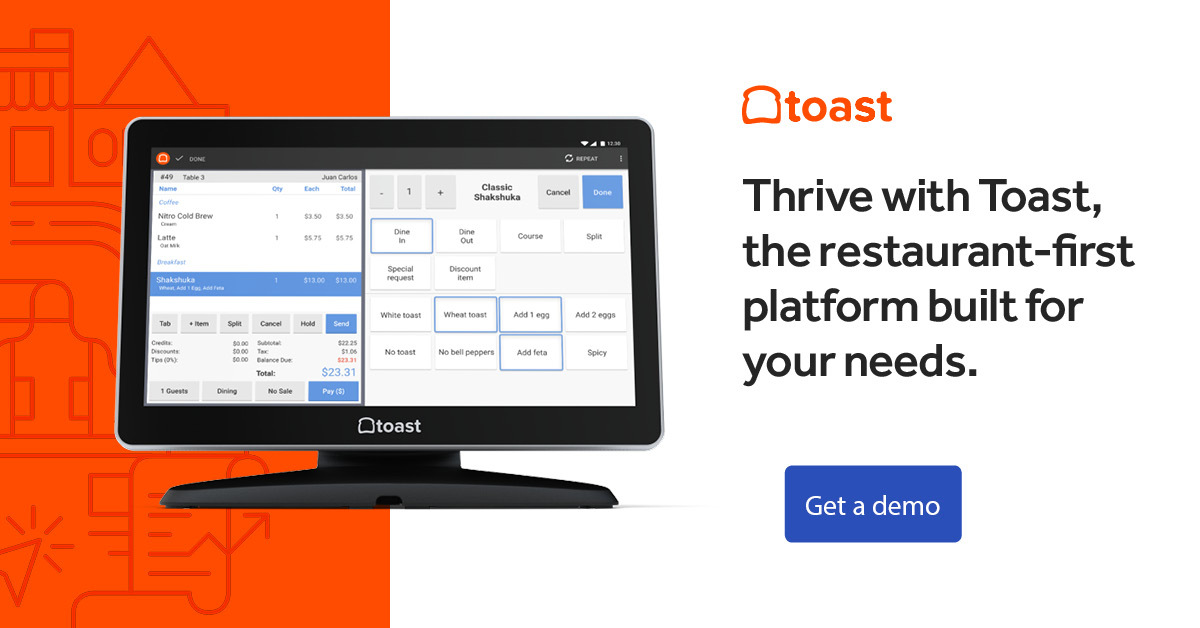 Photo of a Toast POS terminal screen. To the right, there is an orange Toast logo and text that reads, "Thrive with Toast, the restaurant-first platform built for your needs." There is a blue button below it that says, "Get a demo"