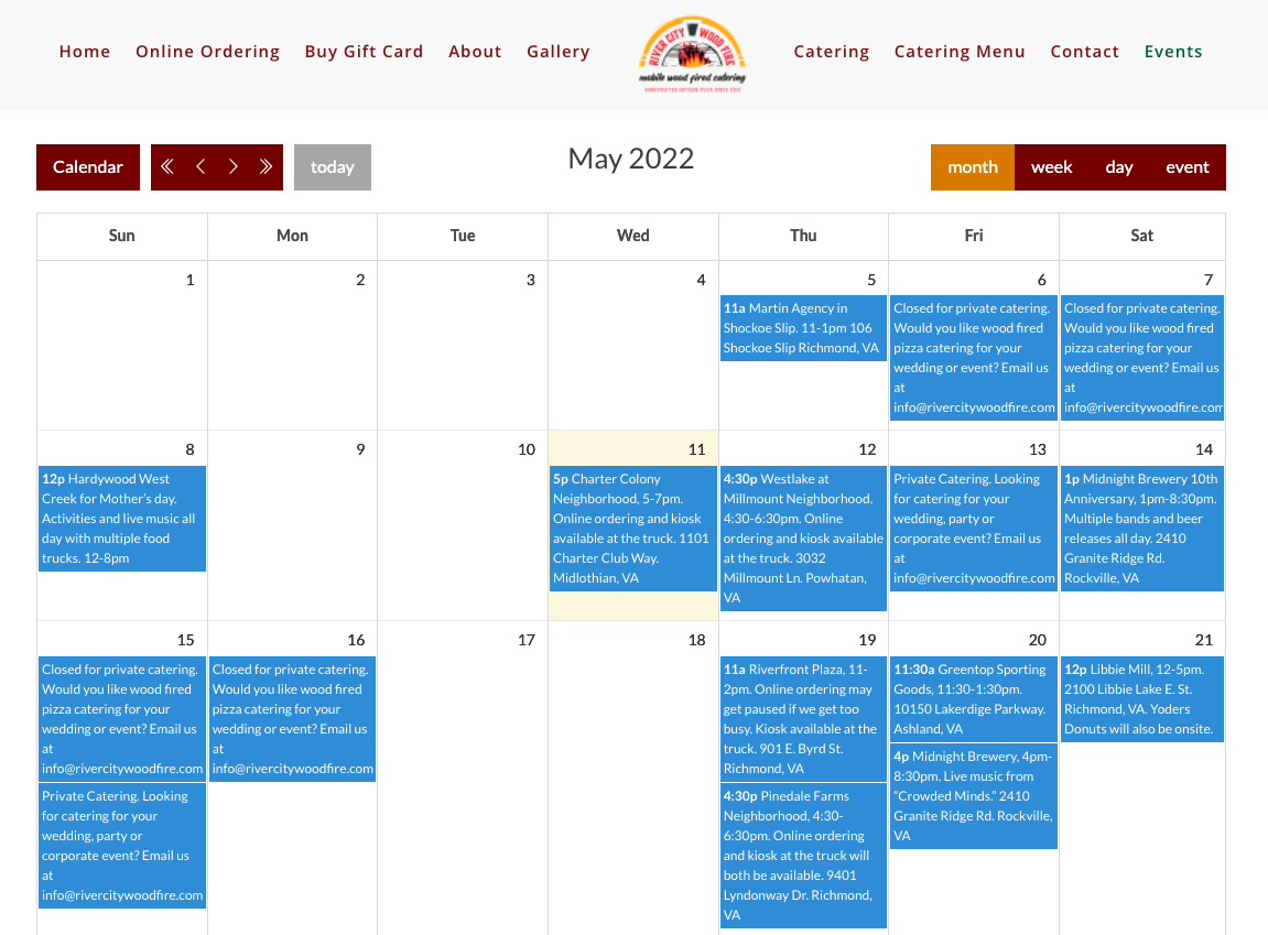 A screenshot of the River City Wood Fire website, showing a calendar under the Events navigation page for May 2022. Each day that the food truck is going to be at an event or closed for a private event is marked on the calendar.