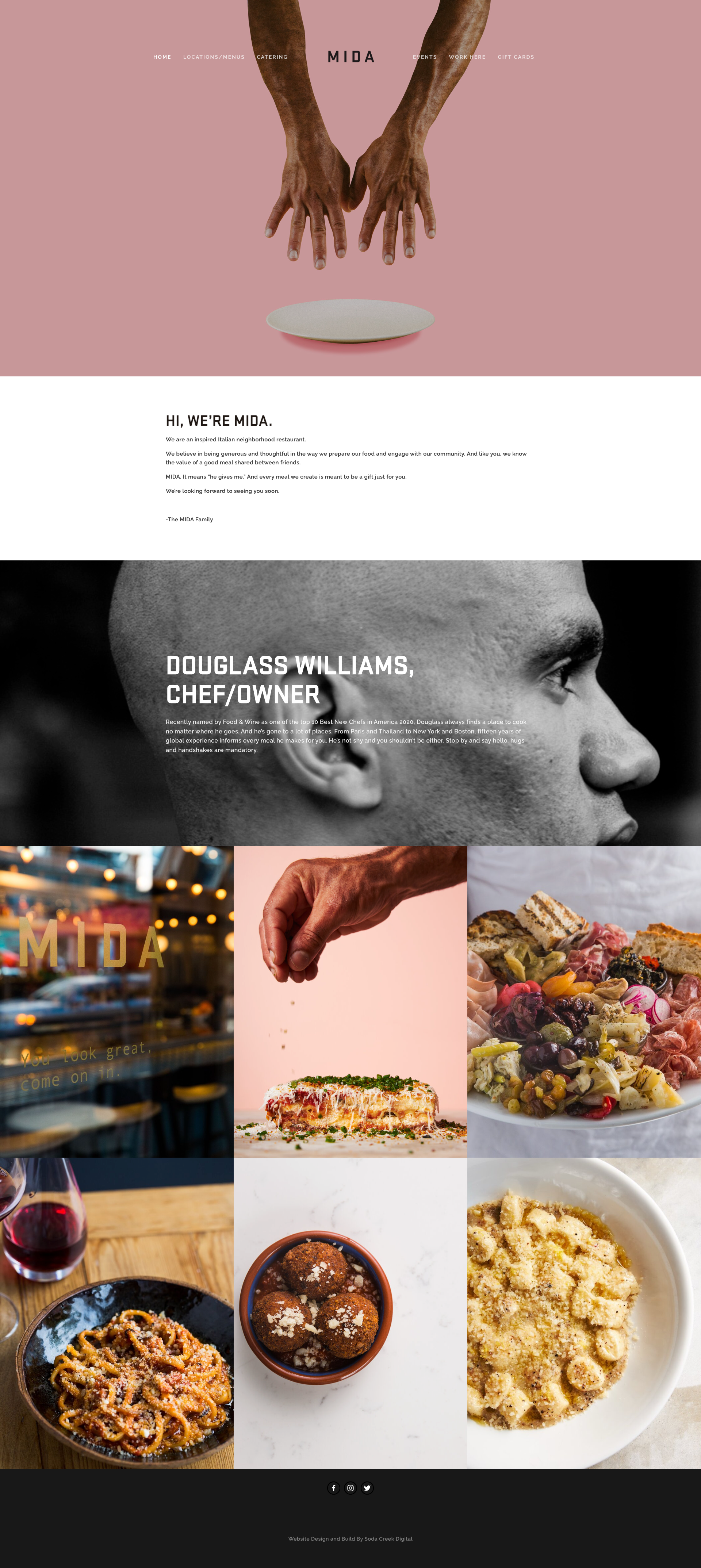 A screenshot of the MIDA restaurant website homepage