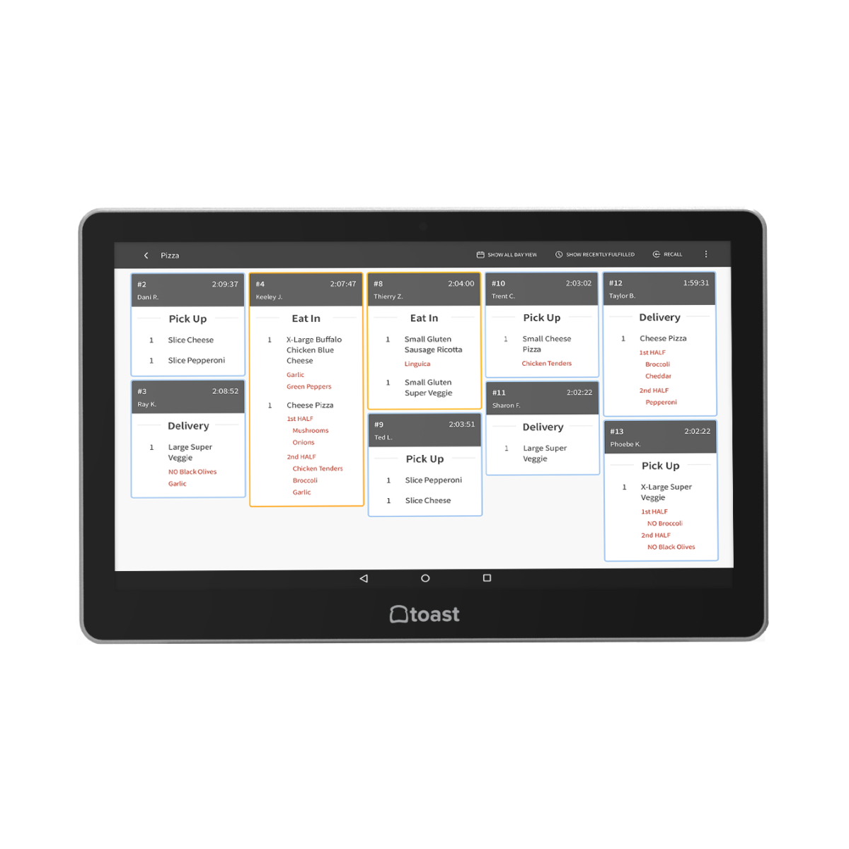 A Toast Kitchen Display Screen for a pizza restaurant. On the screen, there are a series of digital order tickets for various food items. Some of them are for pick up, some for delivery, and others marked "eat in."