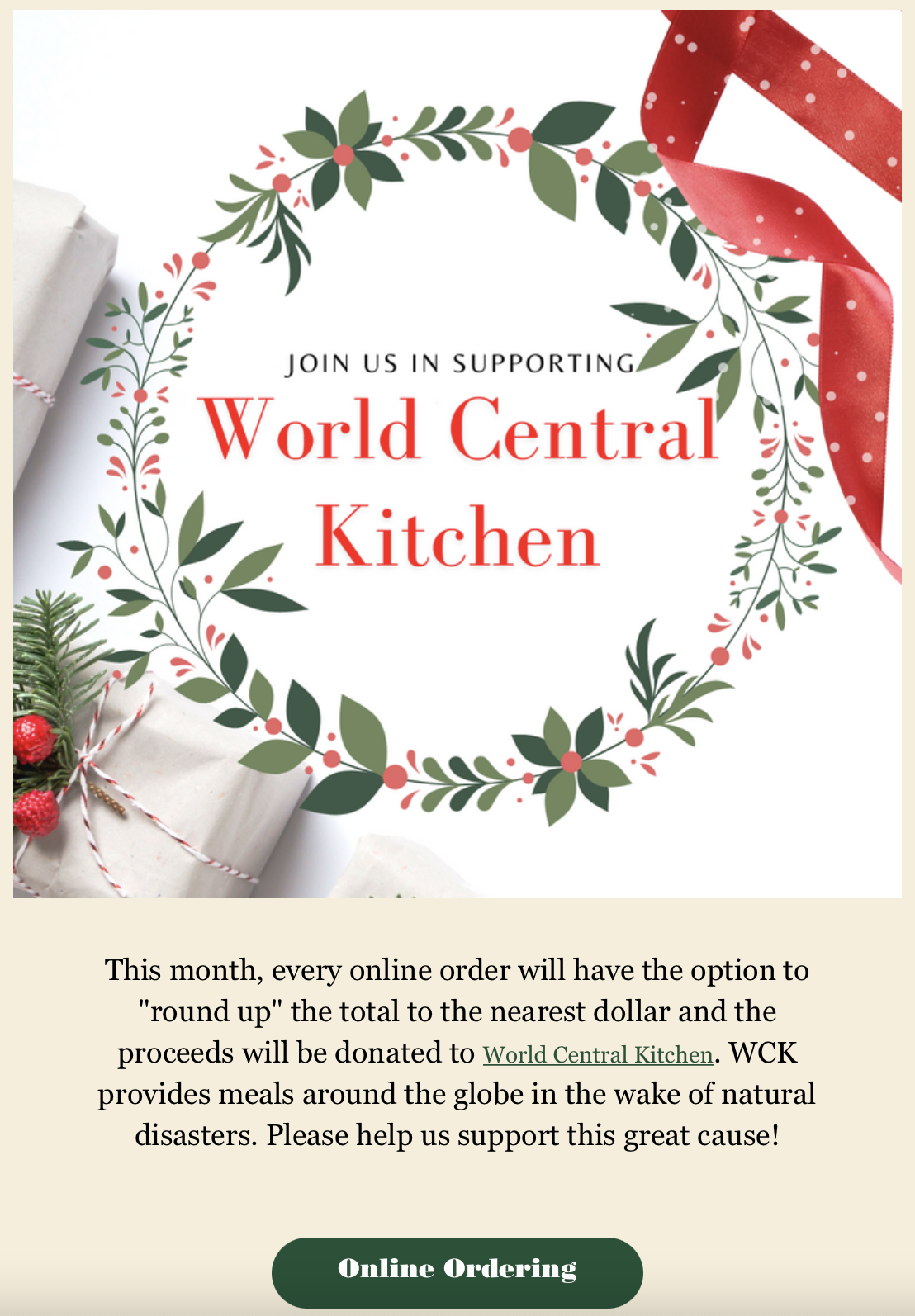 A screenshot of an email sent by Bobby V's Italian Pizzeria. The graphic is an illustrative holiday wreath with the heading "join us in supporting World Central Kitchen" and the button reads "online ordering" 