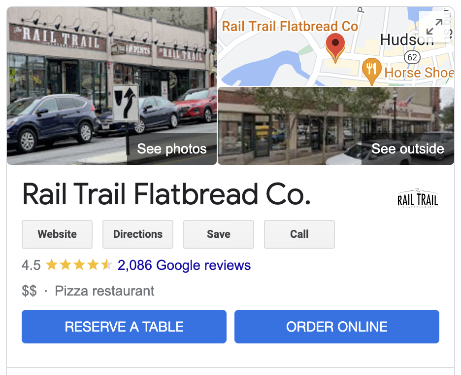 Screenshot of the Google sidebar results for Rail Trail Flatbread Co. in Hudson, MA, showing that Google provides the option to both reserve a table or order online