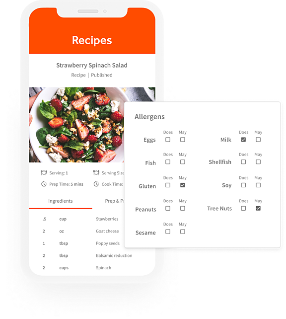 Mobile screen showing recipe details with allergen window