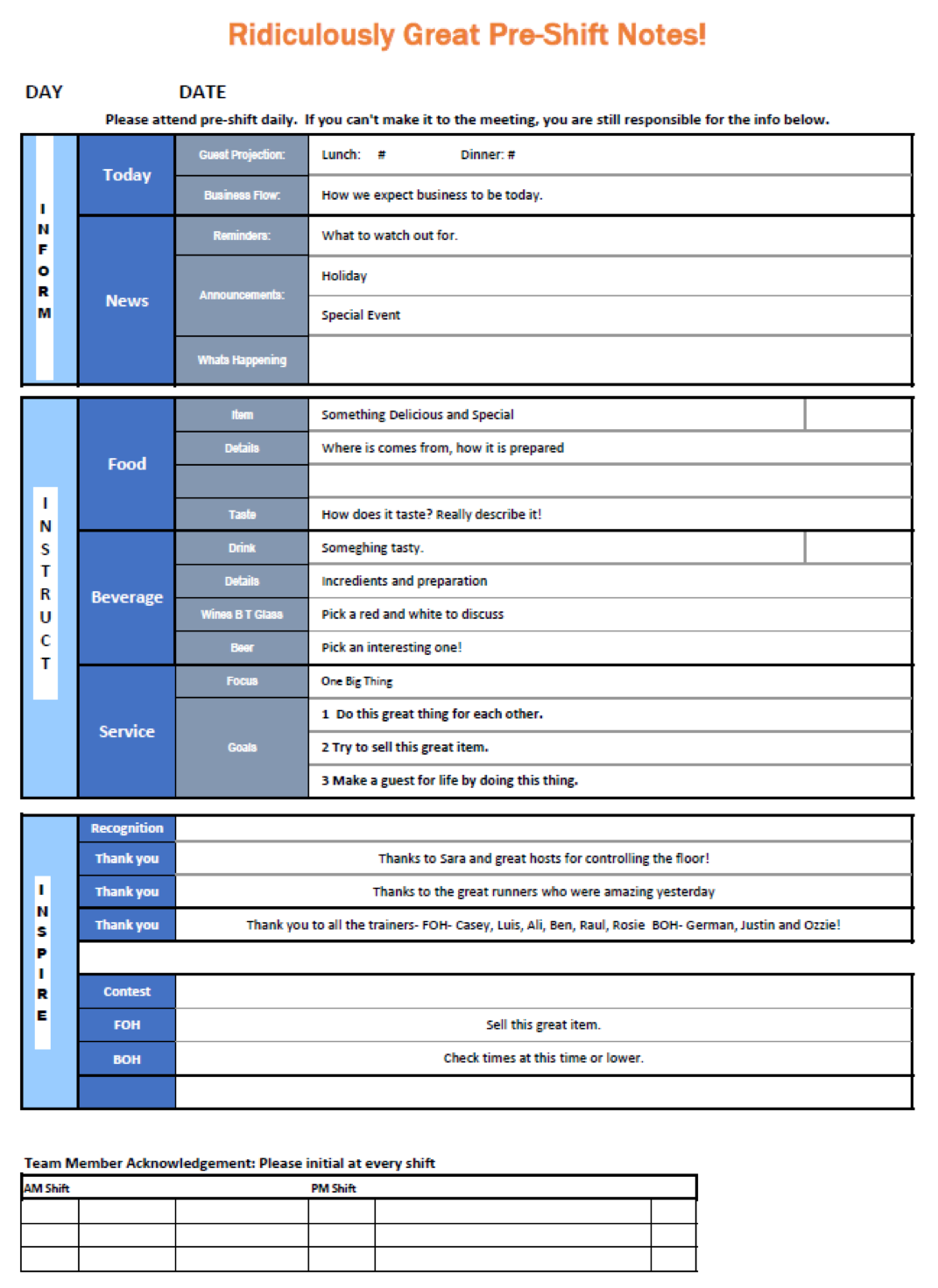 Restaurant Manager's Shift Card