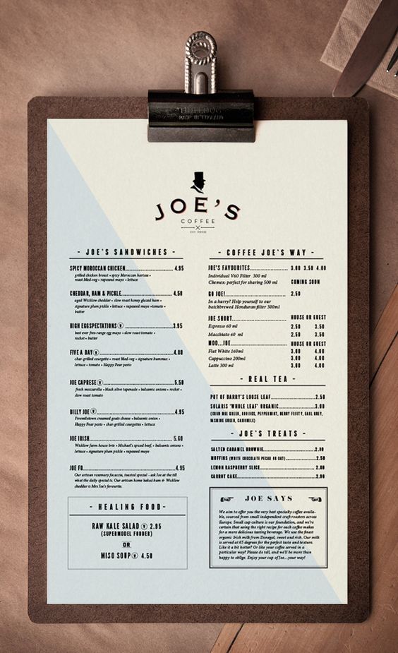 bar menu material