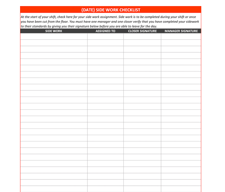 Server Side Work Checklist Template