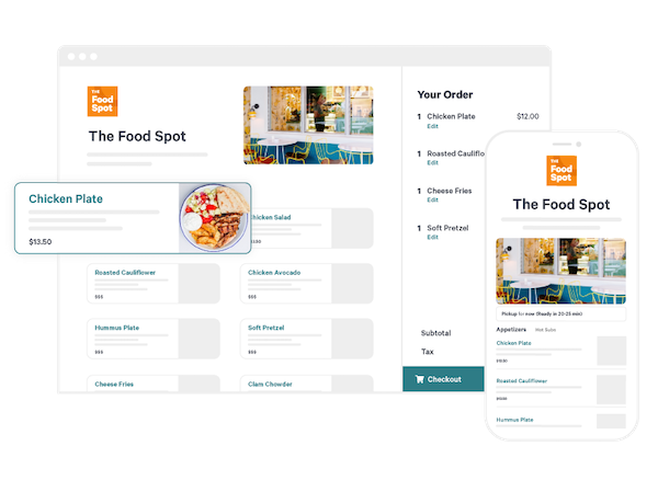 A graphic mockup of Toast's Online Ordering solution, showing both a desktop and mobile device view