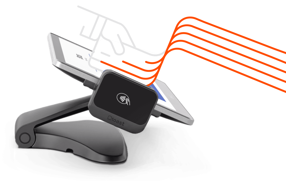 Image of Toast Flex for Guest Terminal with illustration overlay of hand swiping credit card.